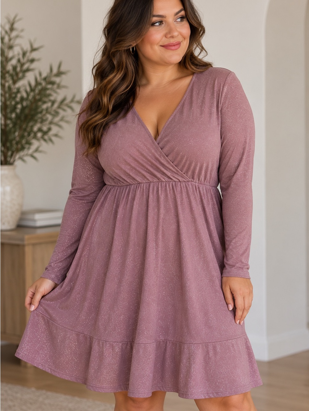 Dusty Rose/lavender Glitter Wrap-Front Long Sleeve Dress